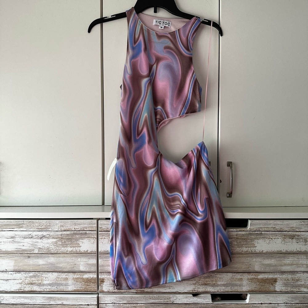 🌀 TIC TOC Tessa Swirl Print Cutout Mini Dress Pink Blue Y2K Size M